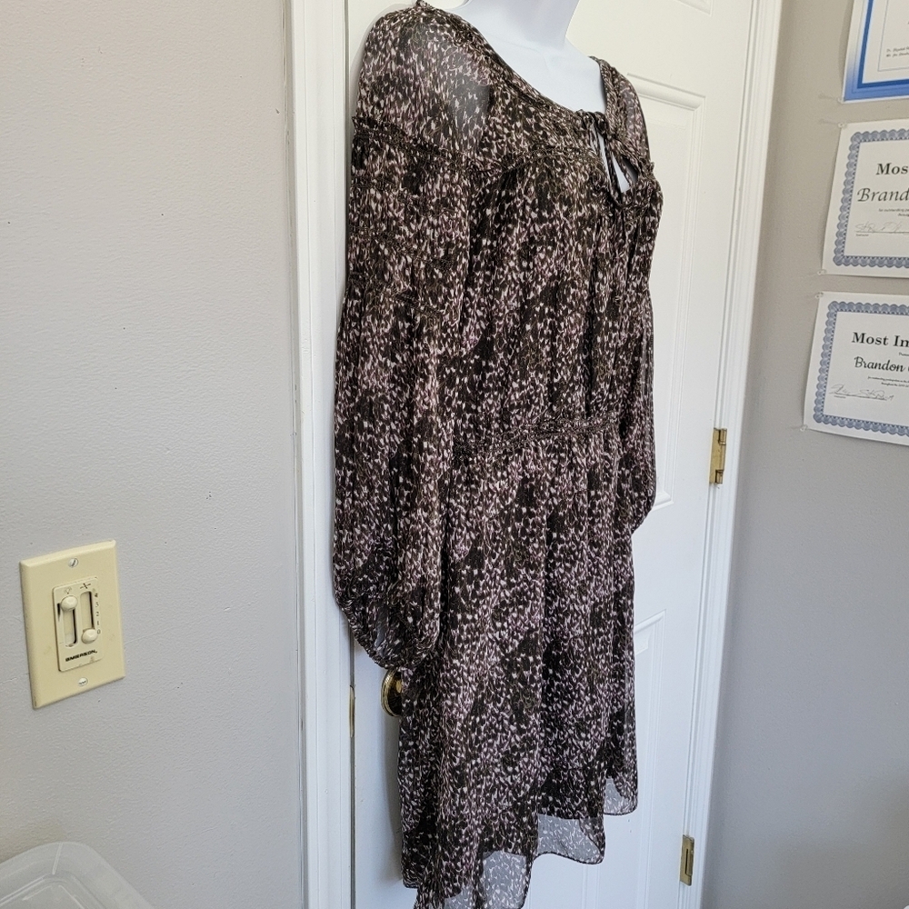 Max Studio Brown Purple Sheer Lined Chiffon Dress Balloon Sleeve Size Medium - Picture 4 of 11